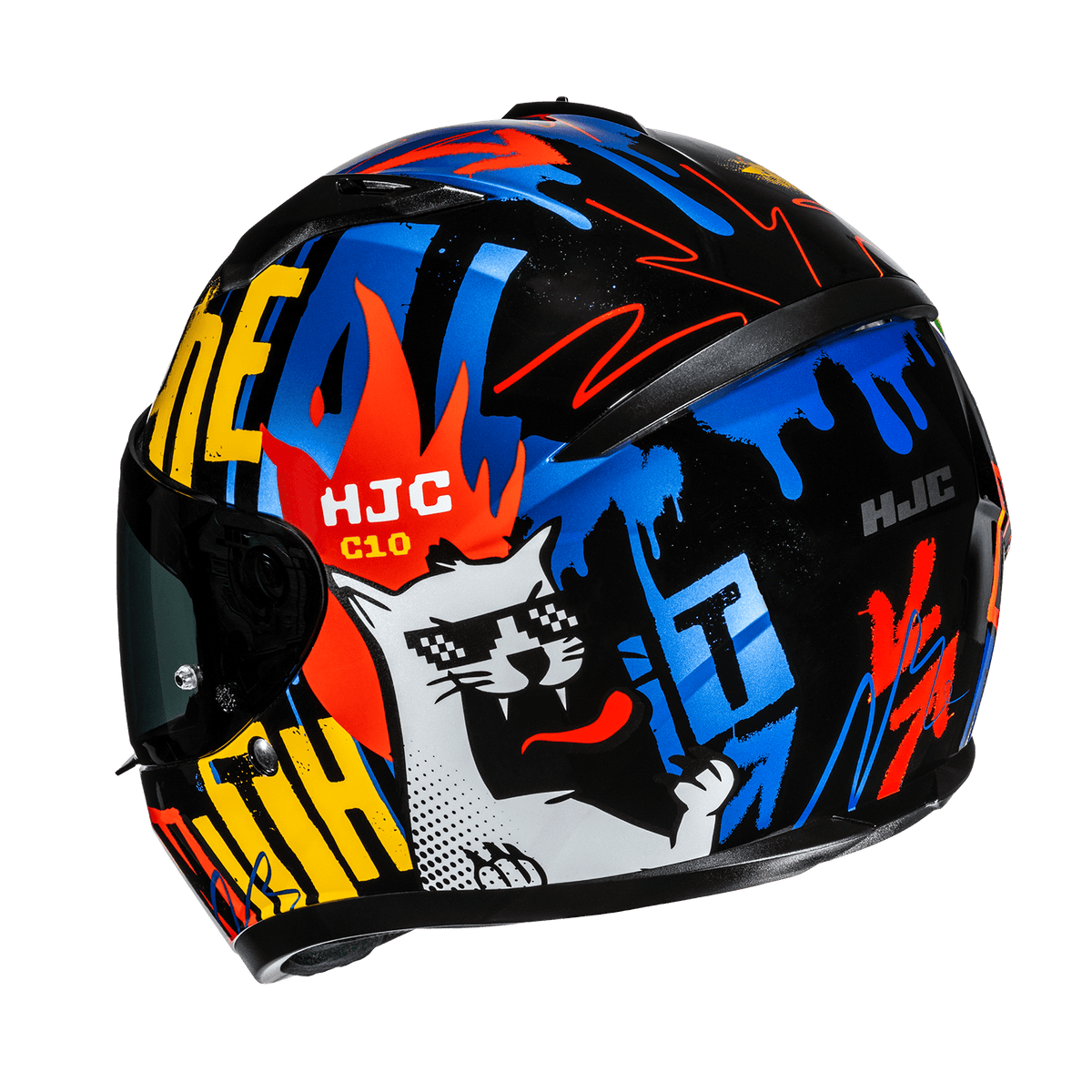 HJC C10 Fop Youth Deal With It helmet Blue Yellow MC-23 rear three-quarter view with optional dark smoke shield