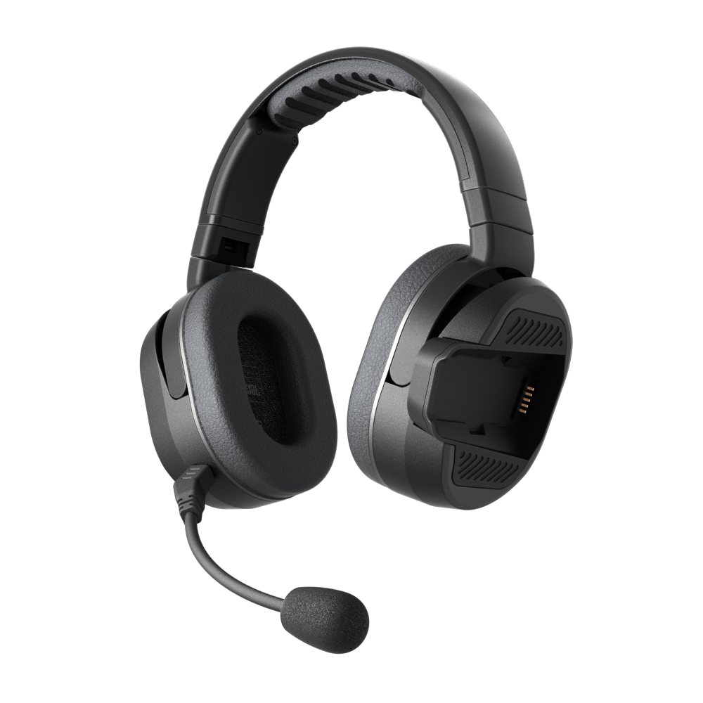 Cardo PACKTALK EDGEPHONES black headset front three-quarter view with microphone and empty Air Mount