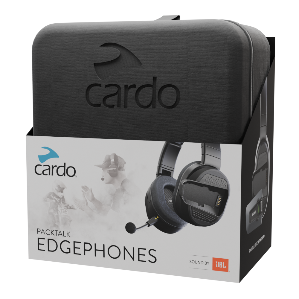 Cardo PACKTALK EDGEPHONES black headset carrying case and retail package