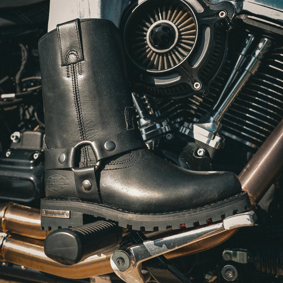 Women's black harness leather motorcycle boot alternate side view
