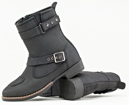 Ladies Moto Adira Boot Black: Premium, full-grain, matte finish leather construction
Perforated leather comfort top
Double ov
