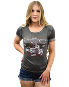 Ladies 1989 Motorcycle Legend Shirt: Grey tee with a thick hem that has an embellished motorcycle