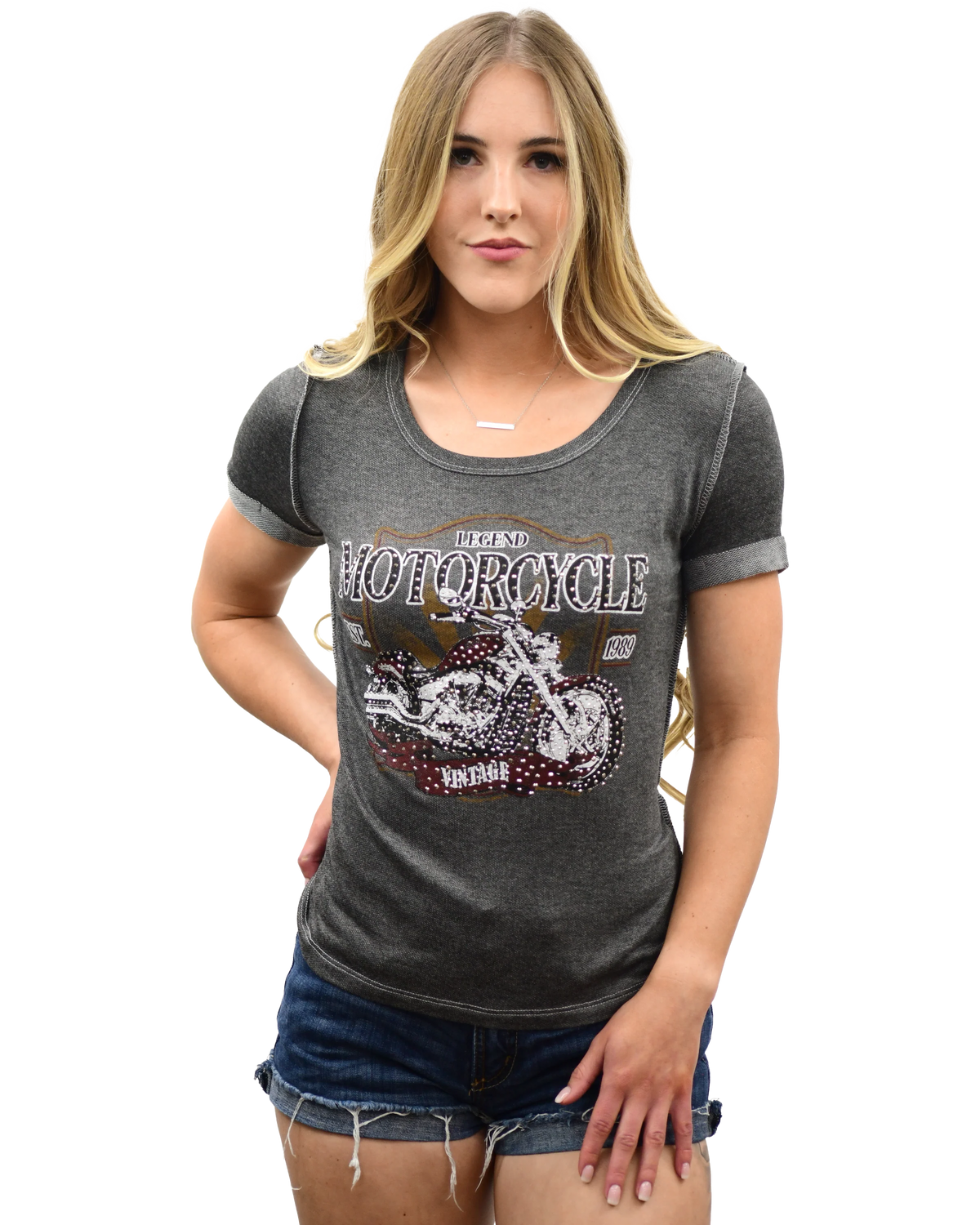 Ladies 1989 Motorcycle Legend Shirt: Grey tee with a thick hem that has an embellished motorcycle