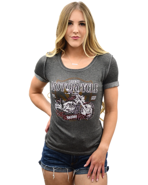Ladies 1989 Motorcycle Legend Shirt: Grey tee with a thick hem that has an embellished motorcycle