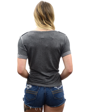 Ladies 1989 Motorcycle Legend Shirt: Grey tee with a thick hem that has an embellished motorcycle