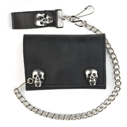USA-Made Tri Fold Wallet With Skull Snaps Black SK328: Tri Fold W/ Skull Snaps

Do not wash
Polyurethane (PU)
Package contain