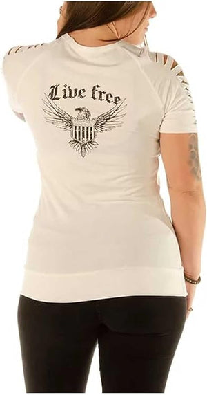 Ladies Free Bird Shirt: Rayon-blend
Pull On closure
Live Free patriotic eagle and shield graphic decorated with rhinestones
M