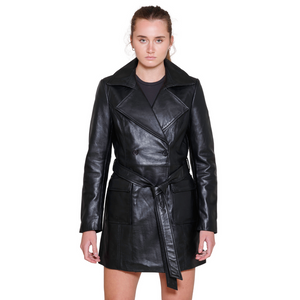 Long Lilly Leather Jacket: PRODUCT FEATURES:

Lambskin Leather
Double breasted trench coat
Two hand pockets with button close