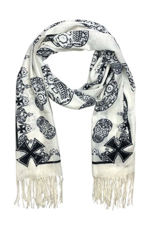 Scarf Sugar Skull Madness: Scarf Sugar Skull Madness

White with Black Sugar Skulls Design
Fringe on Sides
28"W x 72"L
Style 
