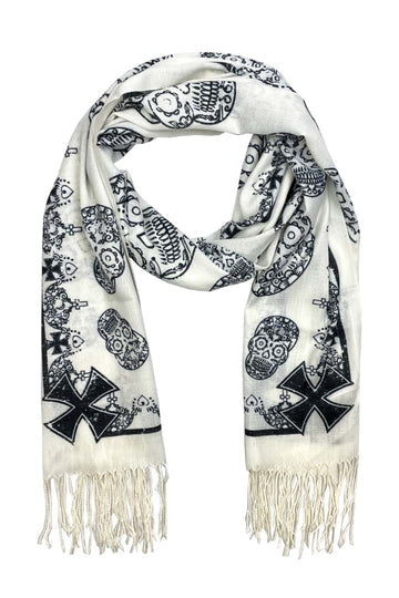 Scarf Sugar Skull Madness: Scarf Sugar Skull Madness

White with Black Sugar Skulls Design
Fringe on Sides
28"W x 72"L
Style 