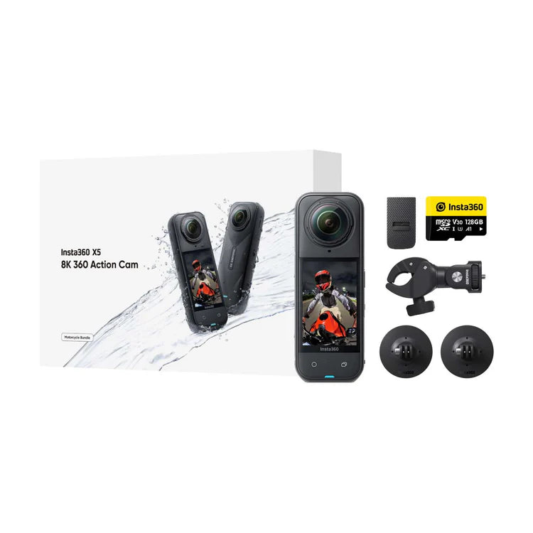 Insta360 X5 Motorcycle Bundle camera and included riding accessories