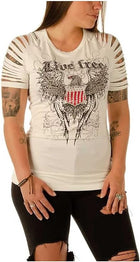 Ladies Free Bird Shirt: Rayon-blend
Pull On closure
Live Free patriotic eagle and shield graphic decorated with rhinestones
M