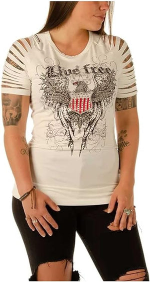 Ladies Free Bird Shirt: Rayon-blend
Pull On closure
Live Free patriotic eagle and shield graphic decorated with rhinestones
M
