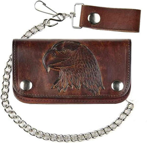 6" Antique Biker Wallet USA Brown: Genuine cowhide leather antique brown 6'' bi-fold chain wallet with embossed landing eagle