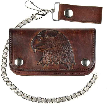 6" Antique Biker Wallet USA Brown: Genuine cowhide leather antique brown 6'' bi-fold chain wallet with embossed landing eagle