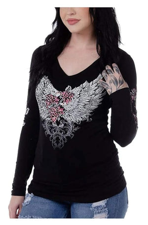 Women's Barbed Wire and Roses Long Sleeve: Fit Type: Athletic Fit
Stunning barbed wire and roses design accented with rhinest