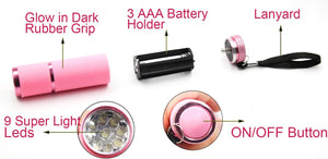 9 LED Flashlight Glow in the dark: 9 LED Flashlight Glow in the dark

High Quality Material: These small flashlights are made