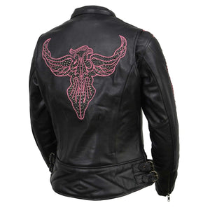 Ladies Wing Jacket Black: Milwaukee Leather MLL2570 Women's 'Phoenix Embroidered' Black and Fuchsia Pink Leather Motorcycle J