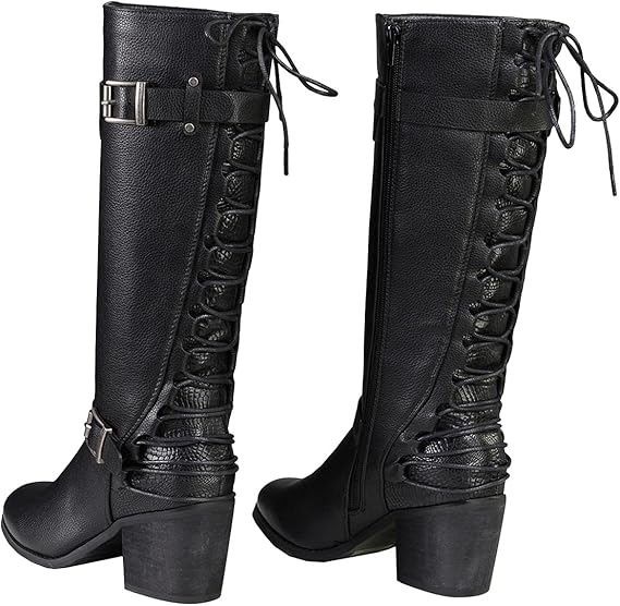 Ladies Back End Laced Boot: Description
Ladies calf lace boot with buckles for adjustment and a snakeskin patter under the la
