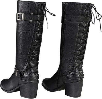 Ladies Back End Laced Boot: Description
Ladies calf lace boot with buckles for adjustment and a snakeskin patter under the la