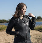 Women's Princess Jacket: Lightweight sheepskin, available in black, & oxblood
Asymmetrical zip cross chest style biker ja