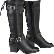 Ladies Back End Laced Boot: Description
Ladies calf lace boot with buckles for adjustment and a snakeskin patter under the la