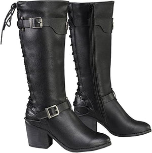 Ladies Back End Laced Boot: Description
Ladies calf lace boot with buckles for adjustment and a snakeskin patter under the la
