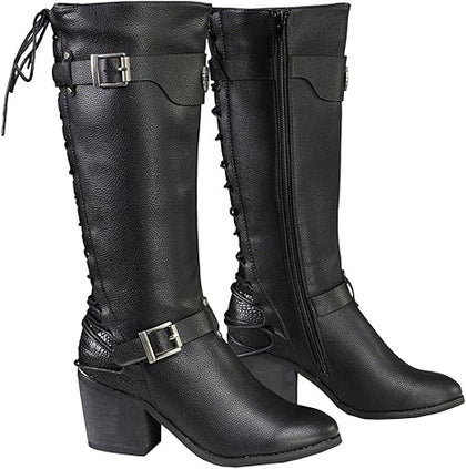 Ladies Back End Laced Boot: Description
Ladies calf lace boot with buckles for adjustment and a snakeskin patter under the la