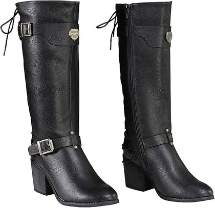 Ladies Back End Laced Boot: Description
Ladies calf lace boot with buckles for adjustment and a snakeskin patter under the la