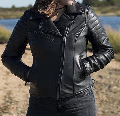 Women's Princess Jacket: Lightweight sheepskin, available in black, &amp; oxblood
Asymmetrical zip cross chest style biker ja