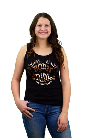 Ladies Born To Ride Handlebars Tank Top: Black 2x1 ribbed tank with upper back cut out and "Born to Ride" graphic in rose gol