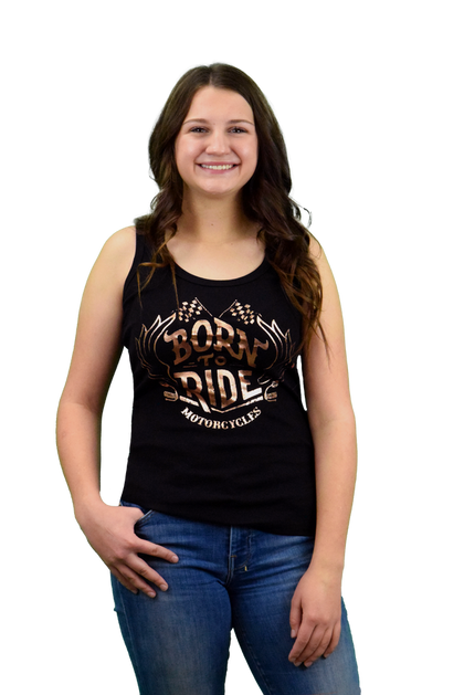 Ladies Born To Ride Handlebars Tank Top: Black 2x1 ribbed tank with upper back cut out and "Born to Ride" graphic in rose gol