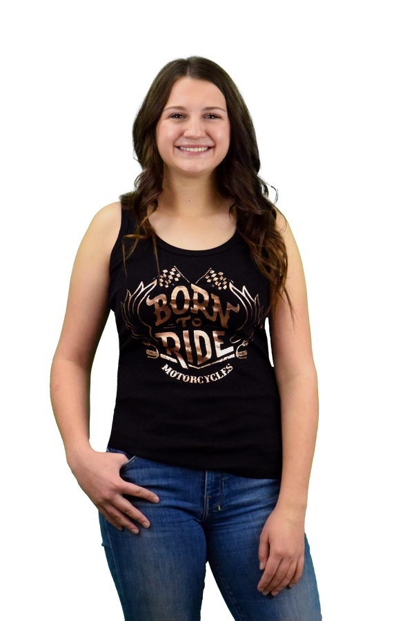 Ladies Born To Ride Handlebars Tank Top: Black 2x1 ribbed tank with upper back cut out and "Born to Ride" graphic in rose gol