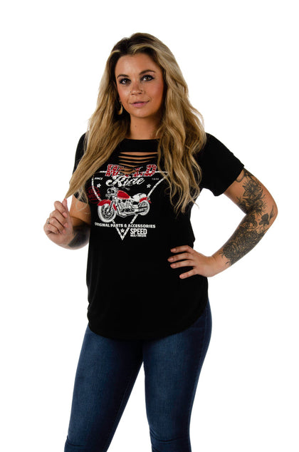 Ladies Wyld Ride Shirt: Description Wyld Ride motorcycle graphic short sleeve dolman with edgy center front bodice slits and 
