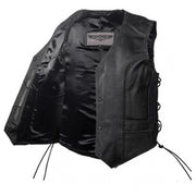 Ladies Longer MC Vest W/Braids: Features:

Made from Top Grade Genuine Soft Touch Leather
Features a Nylon Lining
Multi Pocke
