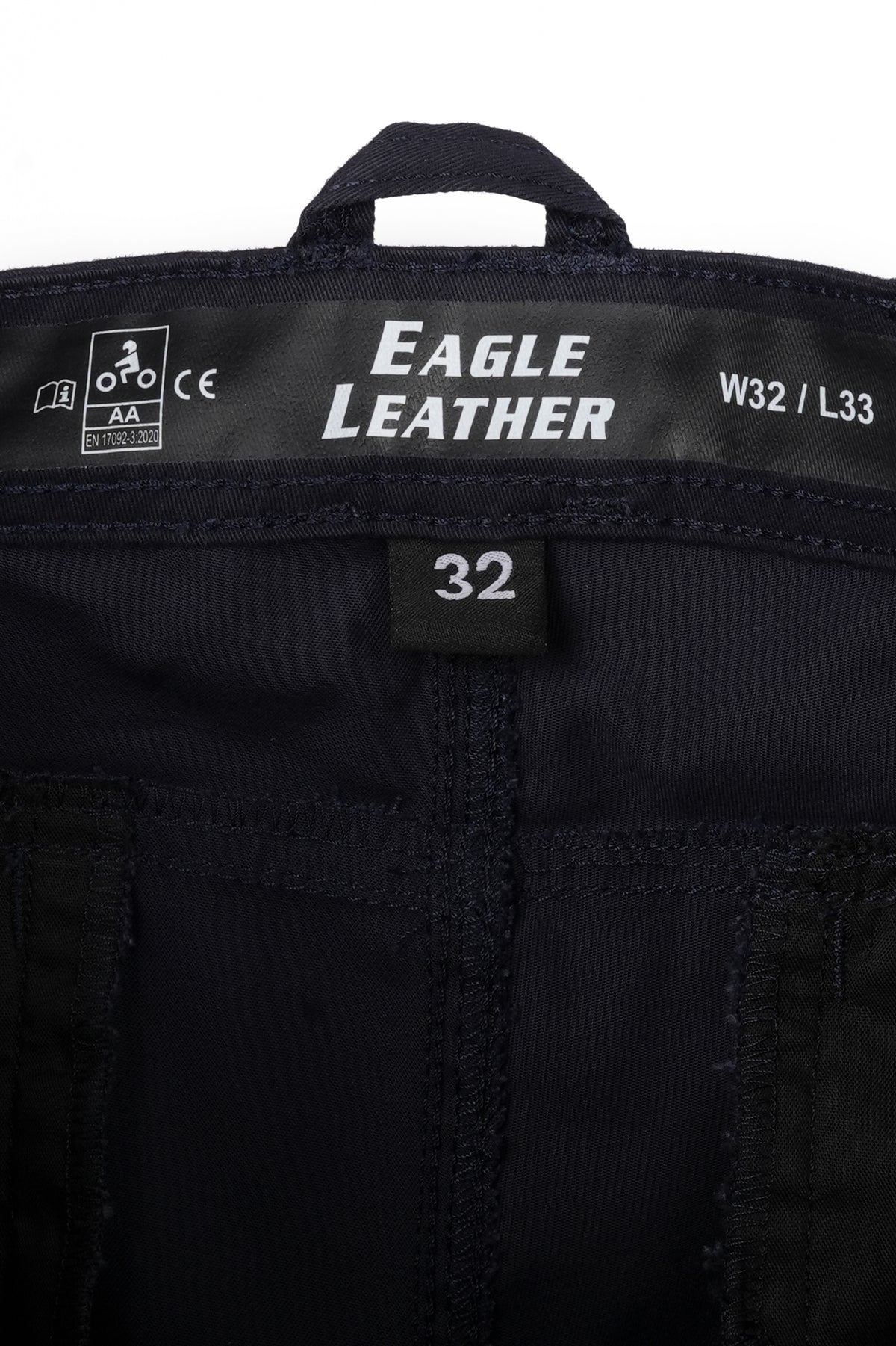Eagle Leather Chino Mono-Layer Riding Pants in Blue, CE Class AA garment label and photographed W32/L33 size