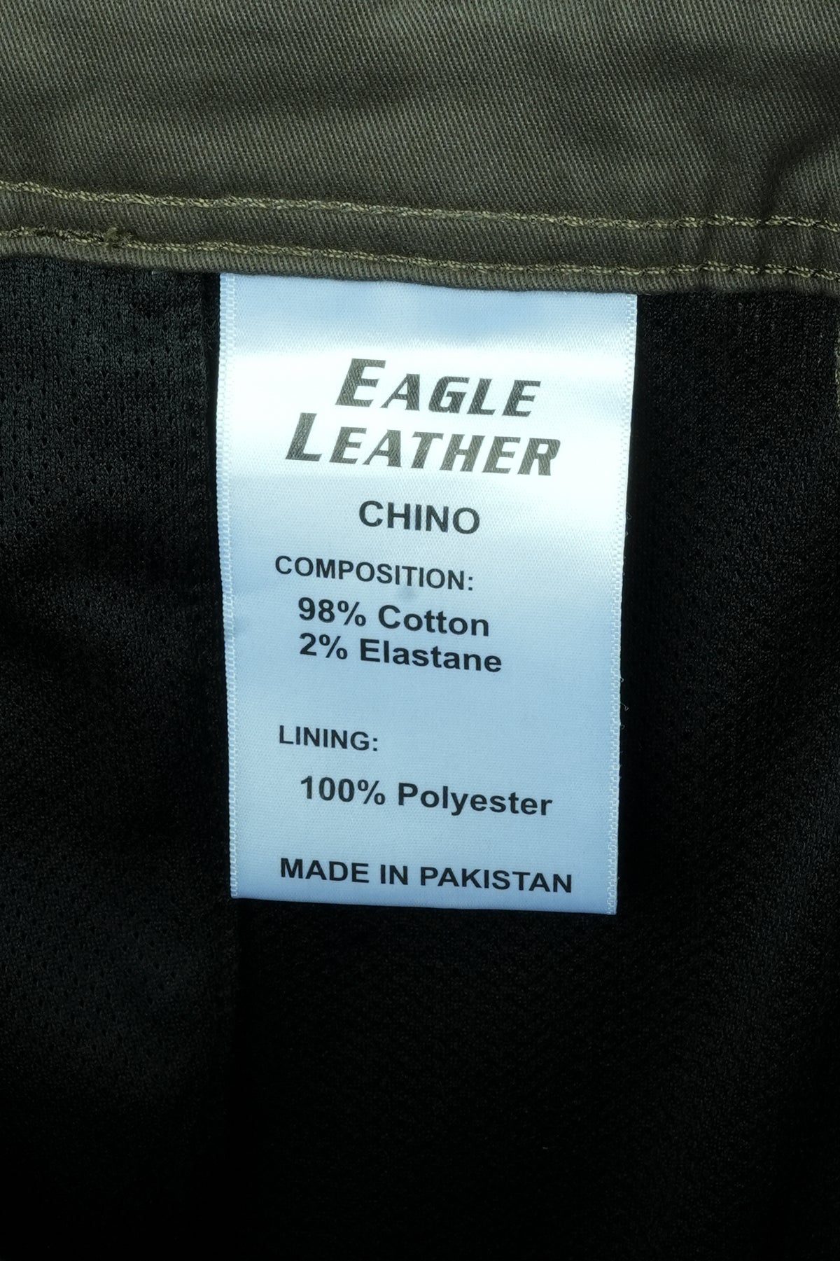 Eagle Leather Chino Mono-Layer Riding Pants in Khaki, fabric composition label