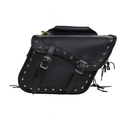 Leather Saddlebags With Studs and Braids 4065: Rigid interior panels
Heavy-duty quick-release buckles
Four tie-downs on each 