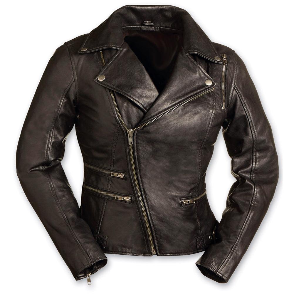 Ladies Monte Carlo Jacket Blk: Soft naked cowhide
Snap down lapel and collar
Asymmetrical zip front
Large zip shoulder vent
T