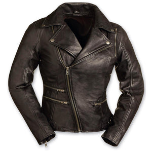 Ladies Monte Carlo Jacket Blk: Soft naked cowhide
Snap down lapel and collar
Asymmetrical zip front
Large zip shoulder vent
T