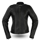 Ladies Biker Jacket: Features:

Biker
Stand up collar
Single snap shoulder epaulette
Quilted panel detail on each shoulder
Lo