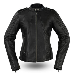 Ladies Biker Jacket: Features:

Biker
Stand up collar
Single snap shoulder epaulette
Quilted panel detail on each shoulder
Lo