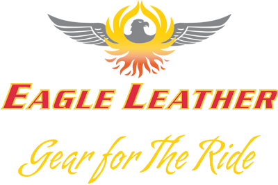 Eagle Leather logo with a gray-winged eagle and a flaming yellow and red body, featuring the text 'Eagle Leather' in red and gold, and the tagline 'Motorcycle Gear Specialist' below.