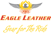 Eagle Leather logo with a gray-winged eagle and a flaming yellow and red body, featuring the text 'Eagle Leather' in red and gold, and the tagline 'Motorcycle Gear Specialist' below.