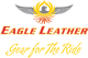 Eagle Leather logo with a gray-winged eagle and a flaming yellow and red body, featuring the text 'Eagle Leather' in red and gold, and the tagline 'Motorcycle Gear Specialist' below.