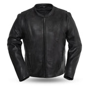 Front view of the Eagle Leather Revolt jacket in black, 1.3-1.4 mm platinum cowhide with banded collar and center zipper