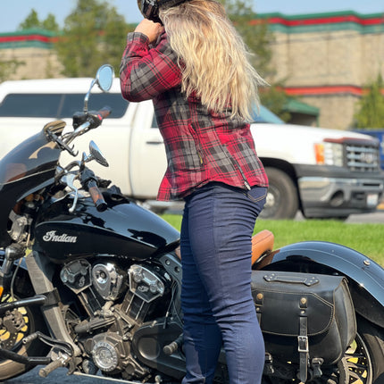 Biker Chick preparing for Ride wearing Eagle Leather Kevlar Jeggings