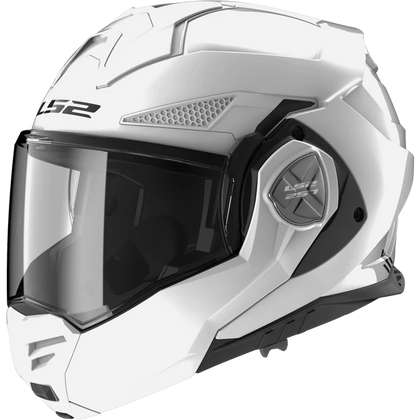 LS2 Advant X Solid modular helmet in gloss white, front three-quarter view with clear shield closed