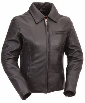 Ladies Contessa Jacket: ﻿Soft naked cowhide
-Snap-down shirt-collar, braided detail on the front, back and sleeves

Hidden zi