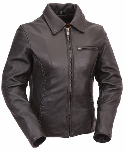 Ladies Contessa Jacket: ﻿Soft naked cowhide
-Snap-down shirt-collar, braided detail on the front, back and sleeves

Hidden zi